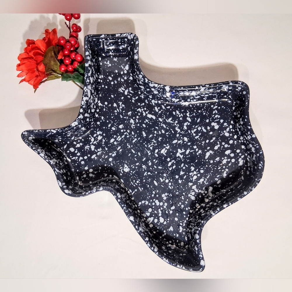 Frankoma Terracotta Pottery - Texas Shaped - Navy & White Speckeled Gloss